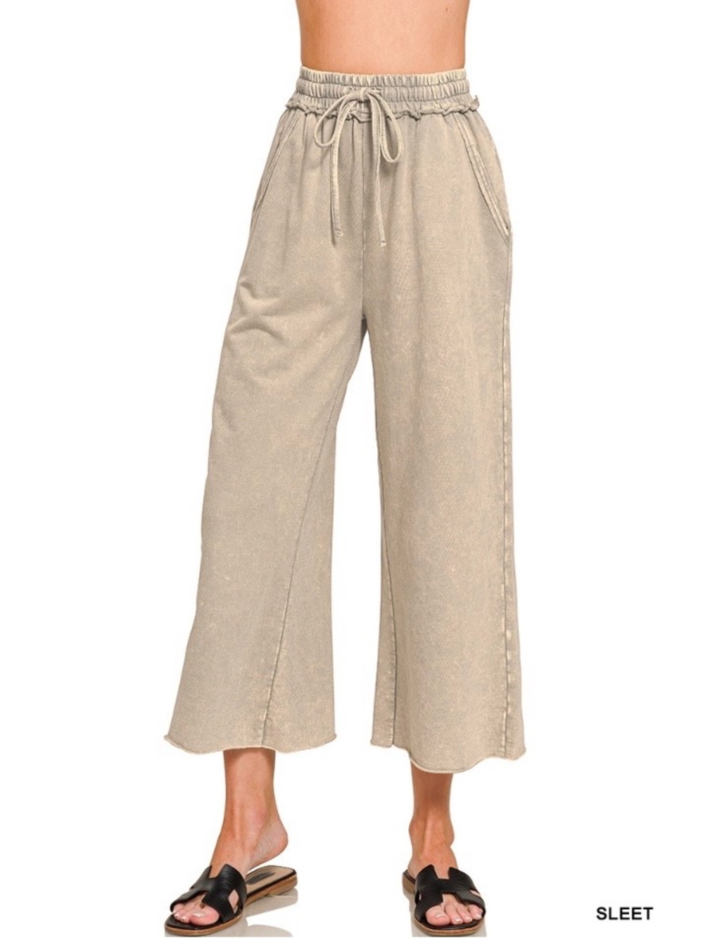 ZENANA WASHED FRENCH TERRY FLARE PANTS SLEET